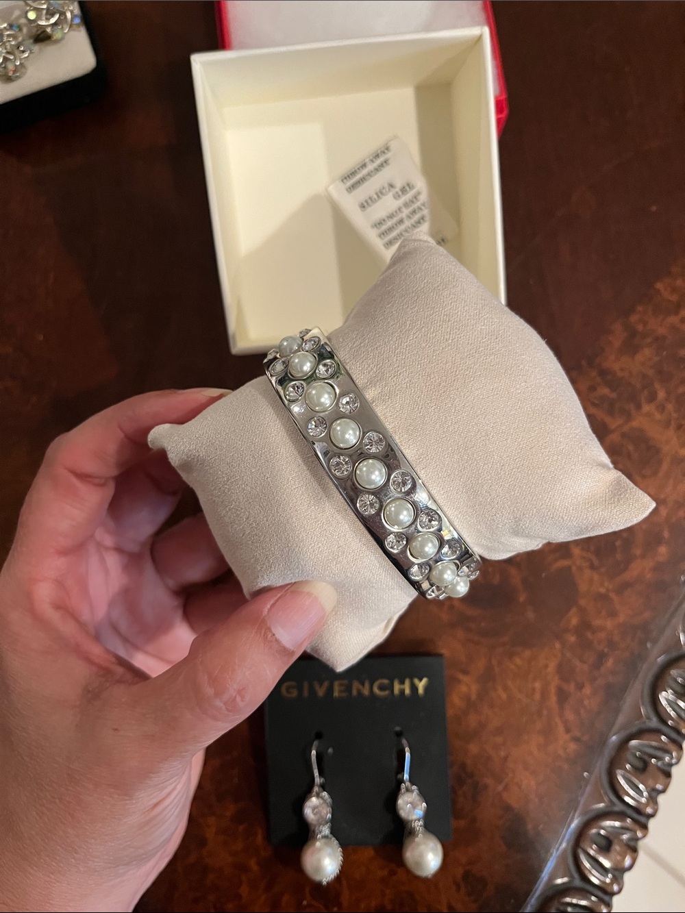 Givenchy Silver-tone Pearl & Crystal Bangle Bracelet secure clasp & gift 🎁